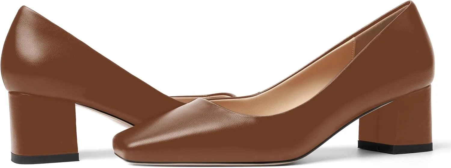 FOGEENA Womens Solid Party Square Toe Slip On Casual Matte Leather Chunky Low Heel Pumps Shoes 2.2 Inch