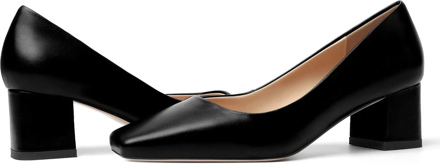 FOGEENA Womens Solid Party Square Toe Slip On Casual Matte Leather Chunky Low Heel Pumps Shoes 2.2 Inch
