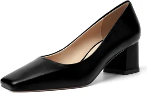 FOGEENA Womens Solid Party Square Toe Slip On Casual Matte Leather Chunky Low Heel Pumps Shoes 2.2 Inch