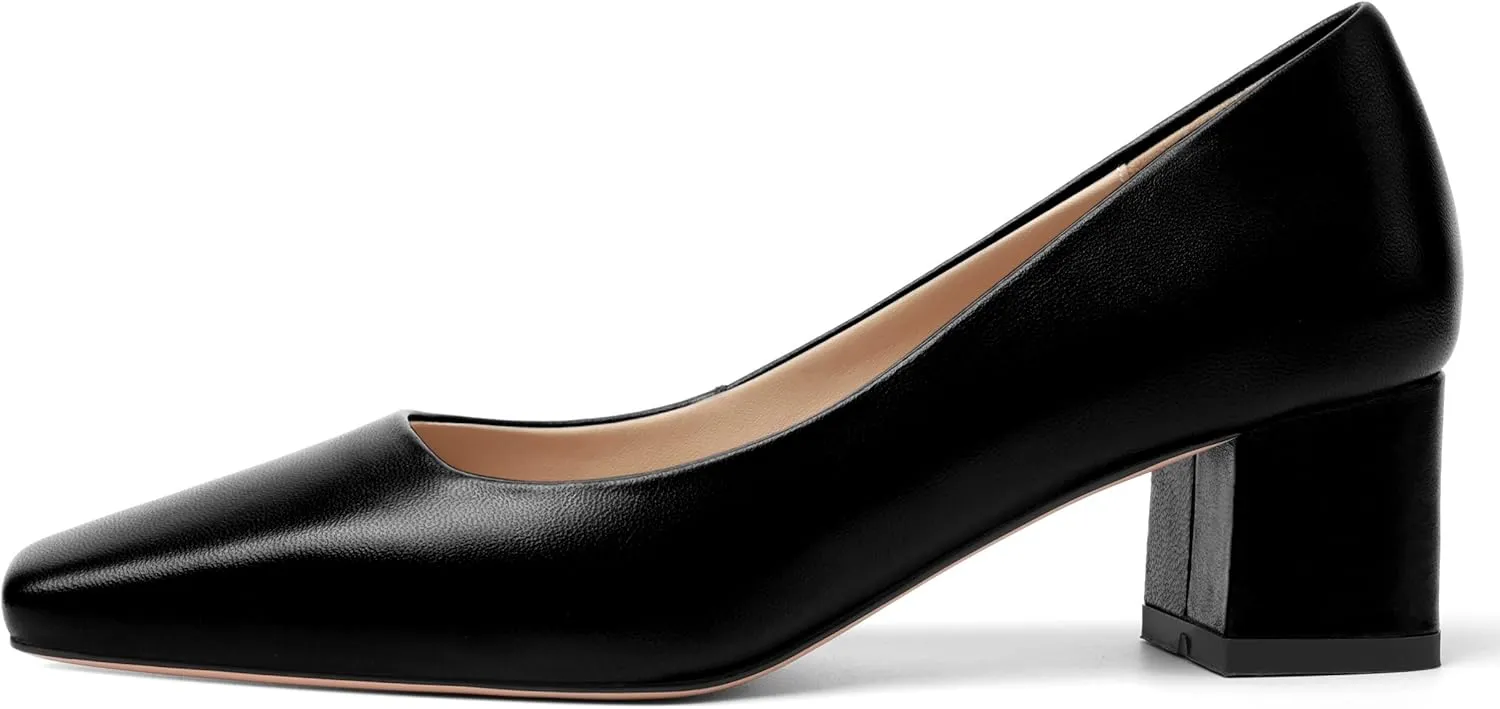 FOGEENA Womens Solid Party Square Toe Slip On Casual Matte Leather Chunky Low Heel Pumps Shoes 2.2 Inch