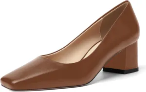 FOGEENA Womens Solid Party Square Toe Slip On Casual Matte Leather Chunky Low Heel Pumps Shoes 2.2 Inch
