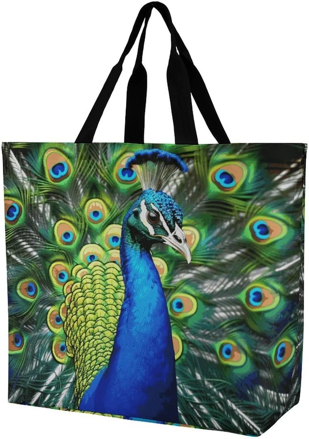 Foldable Grocery Bag Reusable Shopping Bag Blue Peacock Tote Bag Casual Handbags for Work Shopping