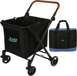 Foldable Shopping Cart 85L Grocery Cart with Cooler Bag Utility Trolleys, Larger Capacity, Rolling Front Swivel Wheels, Adjustable for Office, Picnic, Groceries, Laundry