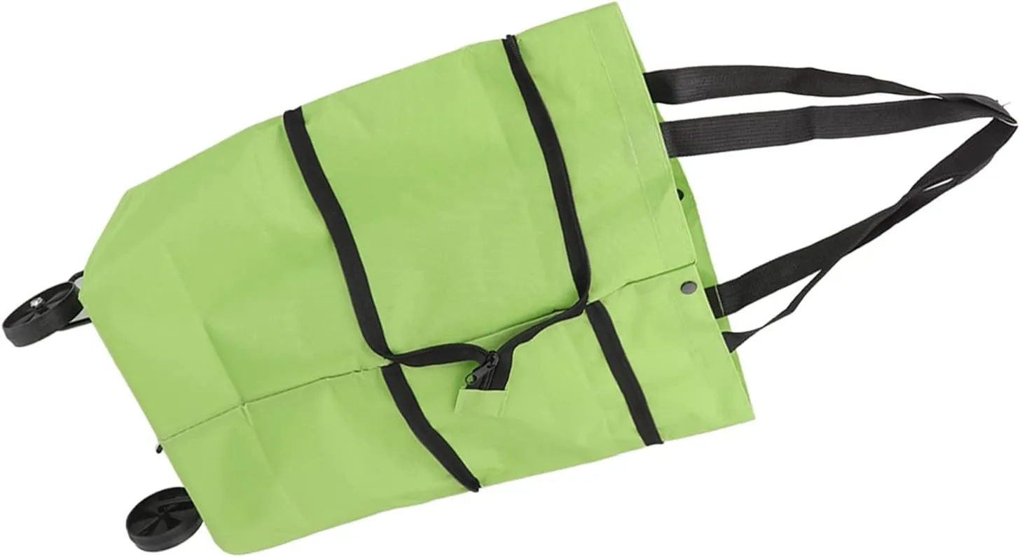 Foldable Shopping Cart with Wheels, Expandable Grocery Tote with Slide Fastener for Convenient Travel, Shopping, and More, Foldable Oxford Cloth Bag for Easy Storage (Green)