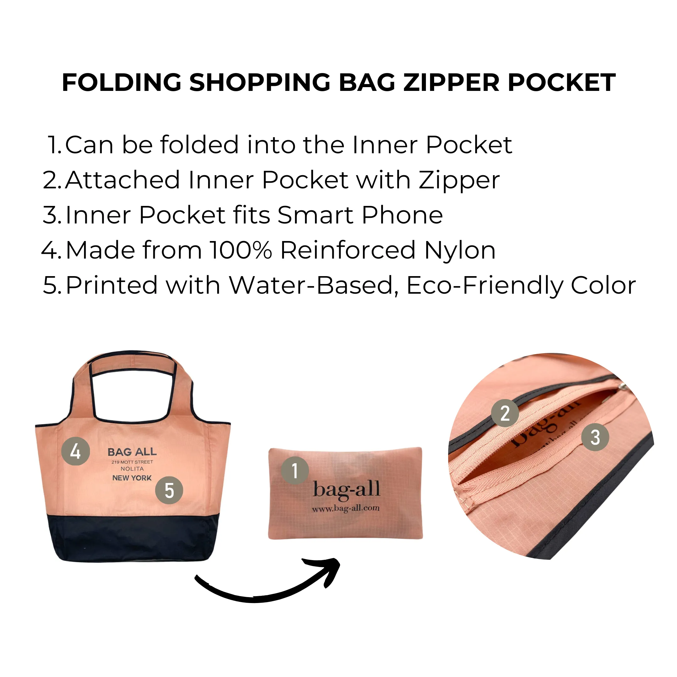 Foldable Shopping Tote – Recycled Nylon – Pink & Black