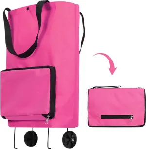 Foldable Shopping Trolley with Wheels - 2 in 1 Reusable Grocery Bags (Rose Red)