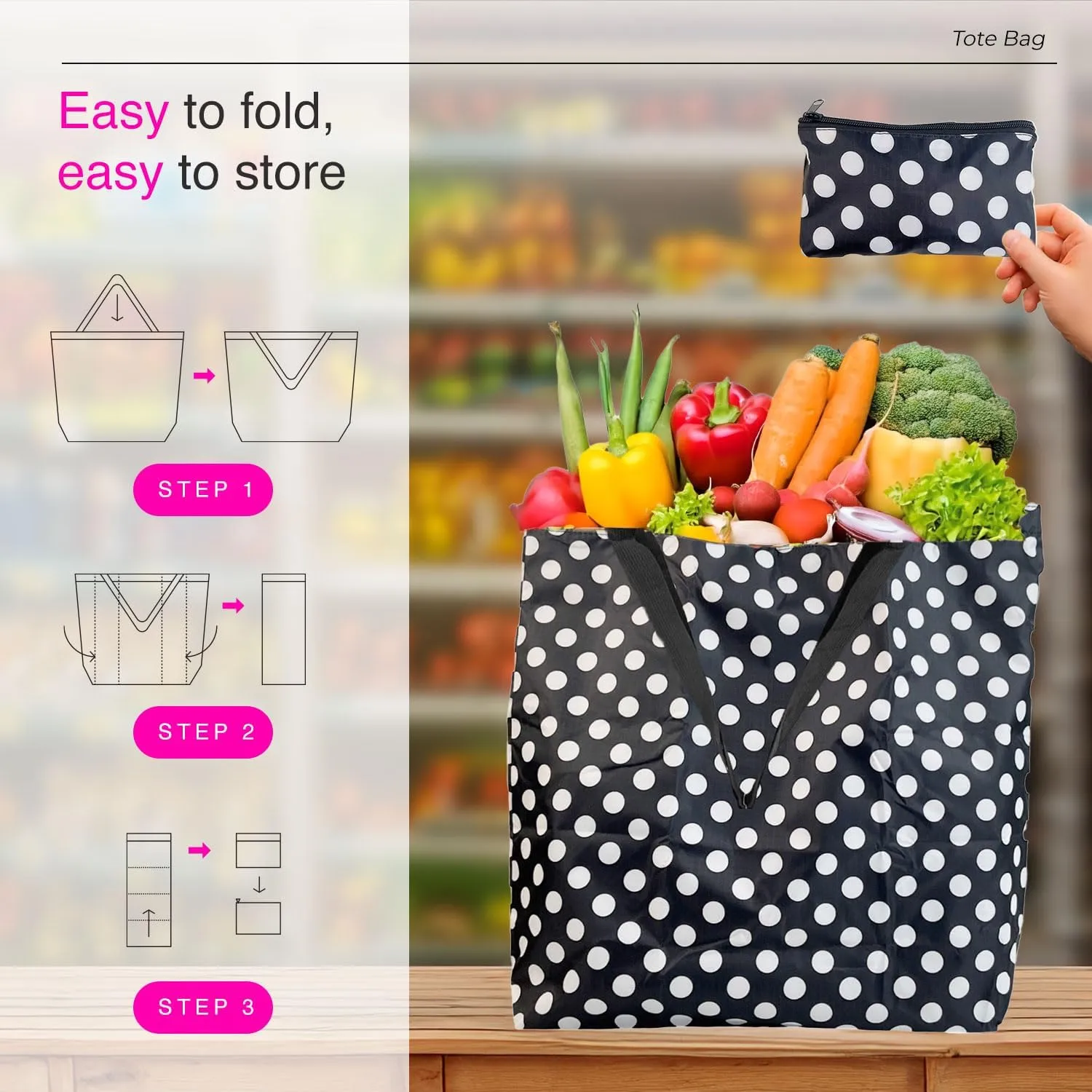 Foldable Tote Bag Zipper Closure – Collapsible Packable Reusable Large Grocery Shopping Bags with Handles and Strap 3 packs