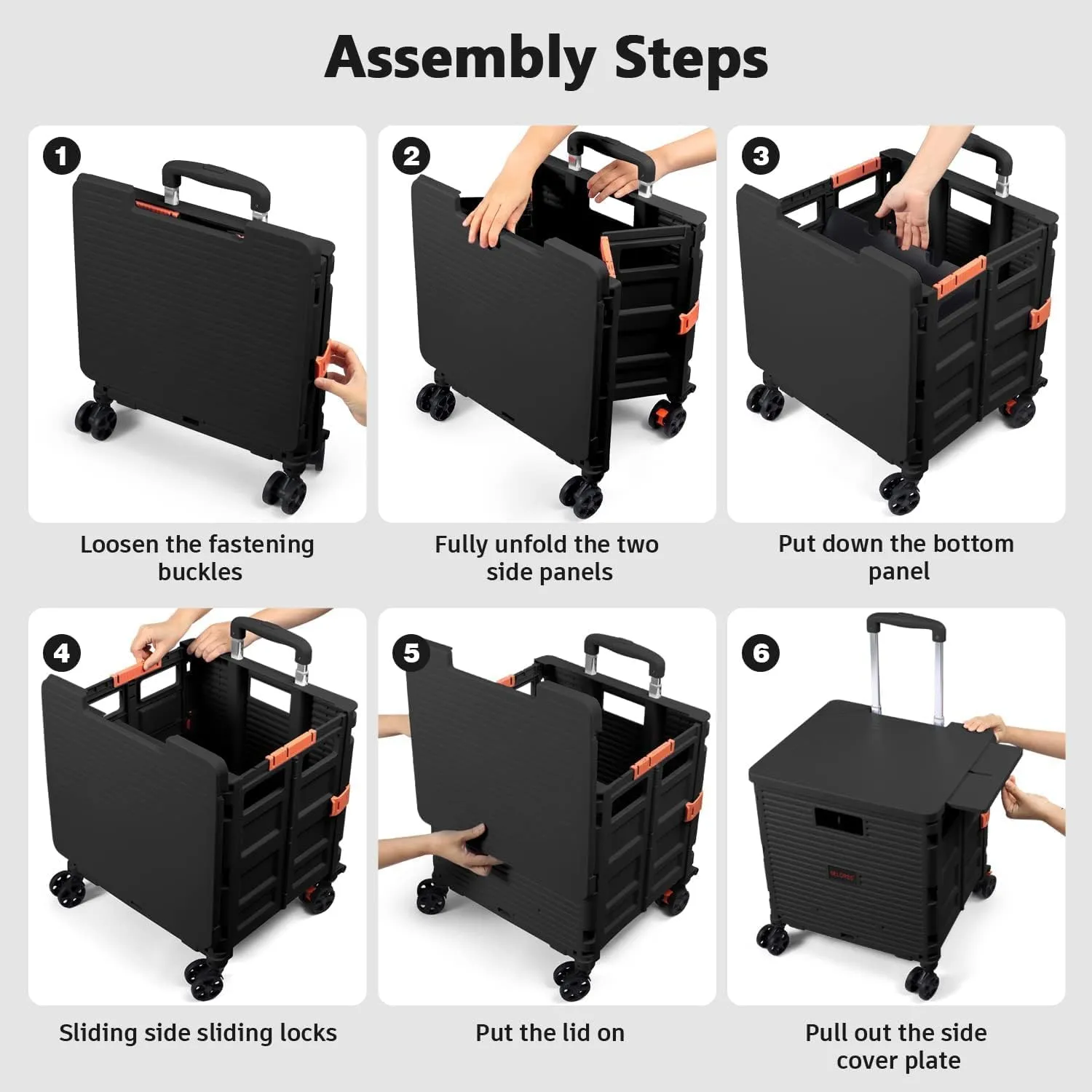 Foldable Utility Cart Collapsible Portable Tool Cart with Wheels Tote Basket,176LBS Load Capacity,Magnetic Lid Telescopic Cover with 360° Wheels Telescoping Handle for Grocery Laundry Luggage,Black