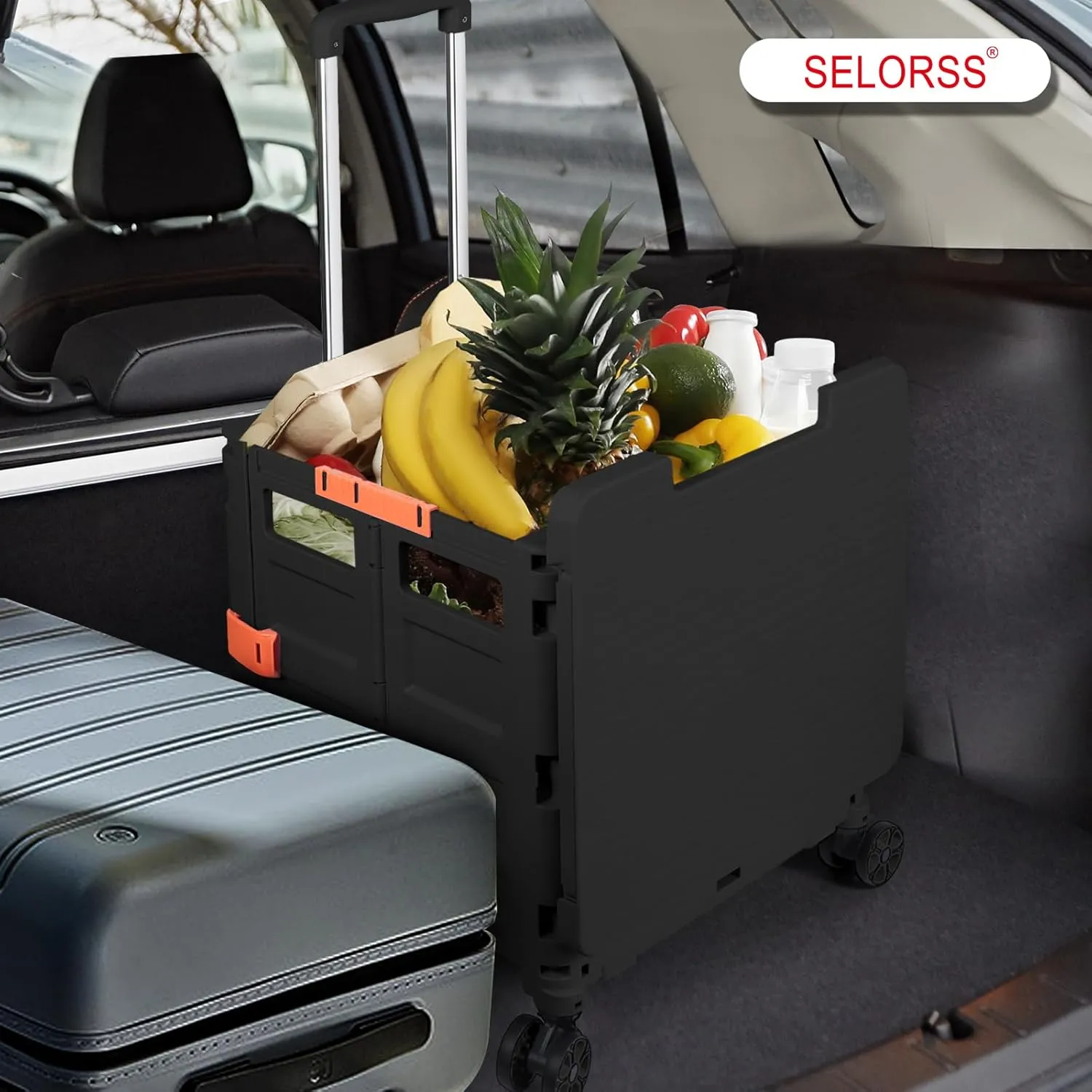 Foldable Utility Cart Collapsible Portable Tool Cart with Wheels Tote Basket,176LBS Load Capacity,Magnetic Lid Telescopic Cover with 360° Wheels Telescoping Handle for Grocery Laundry Luggage,Black
