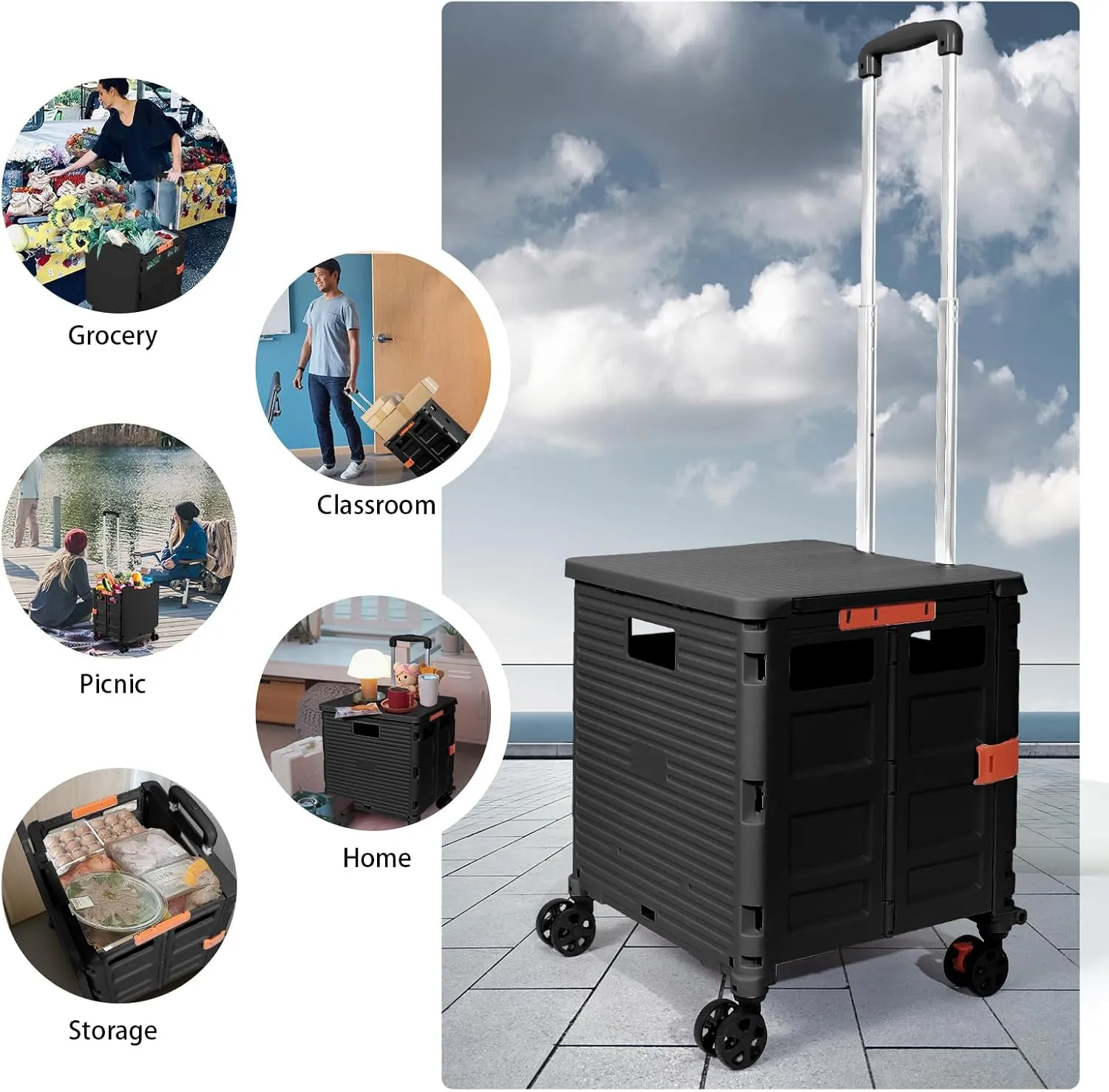 Foldable Utility Cart Collapsible Portable Tool Cart with Wheels Tote Basket,176LBS Load Capacity,Magnetic Lid Telescopic Cover with 360° Wheels Telescoping Handle for Grocery Laundry Luggage,Black