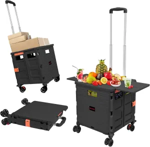 Foldable Utility Cart Collapsible Portable Tool Cart with Wheels Tote Basket,176LBS Load Capacity,Magnetic Lid Telescopic Cover with 360° Wheels Telescoping Handle for Grocery Laundry Luggage,Black