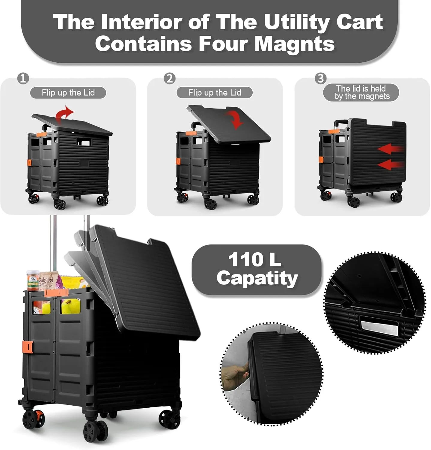 Foldable Utility Cart Collapsible Portable Tool Cart with Wheels Tote Basket,176LBS Load Capacity,Magnetic Lid Telescopic Cover with 360° Wheels Telescoping Handle for Grocery Laundry Luggage,Black