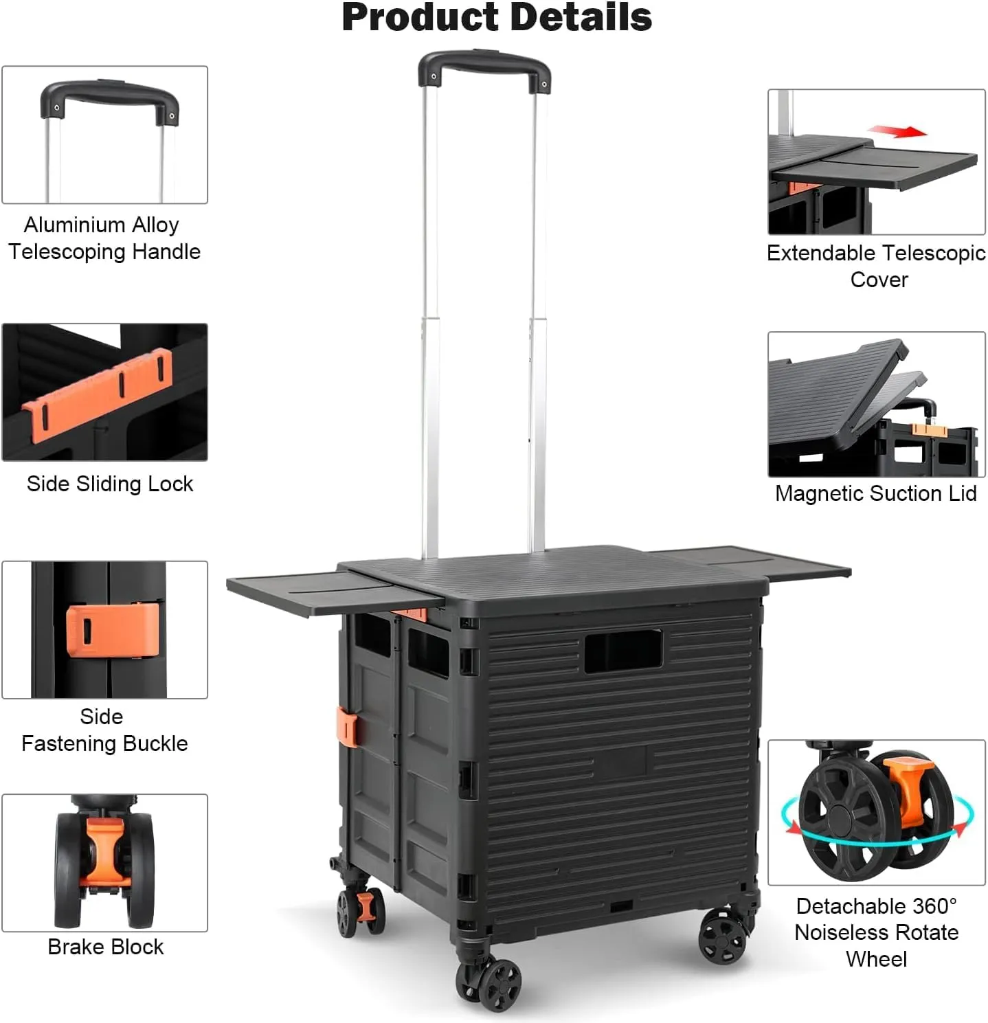 Foldable Utility Cart Collapsible Portable Tool Cart with Wheels Tote Basket,176LBS Load Capacity,Magnetic Lid Telescopic Cover with 360° Wheels Telescoping Handle for Grocery Laundry Luggage,Black