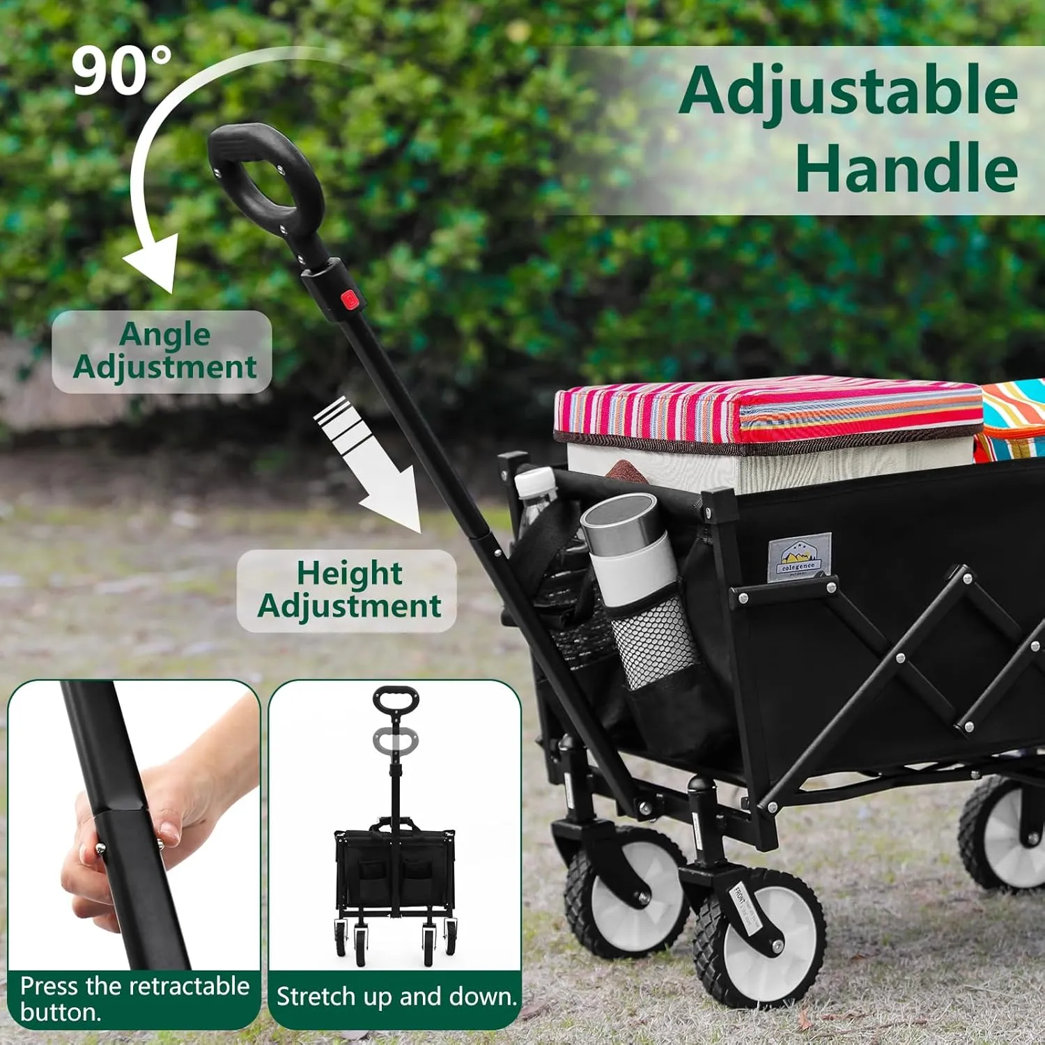 Folding Wagon Cart with Wheels and Tailgate, 330 lbs 120 l Capacity, Adjustable Handle, Portable Collapsible Utility Wagon Cart for Groceries, Outdoor Camping, Shopping, Garden (Black)