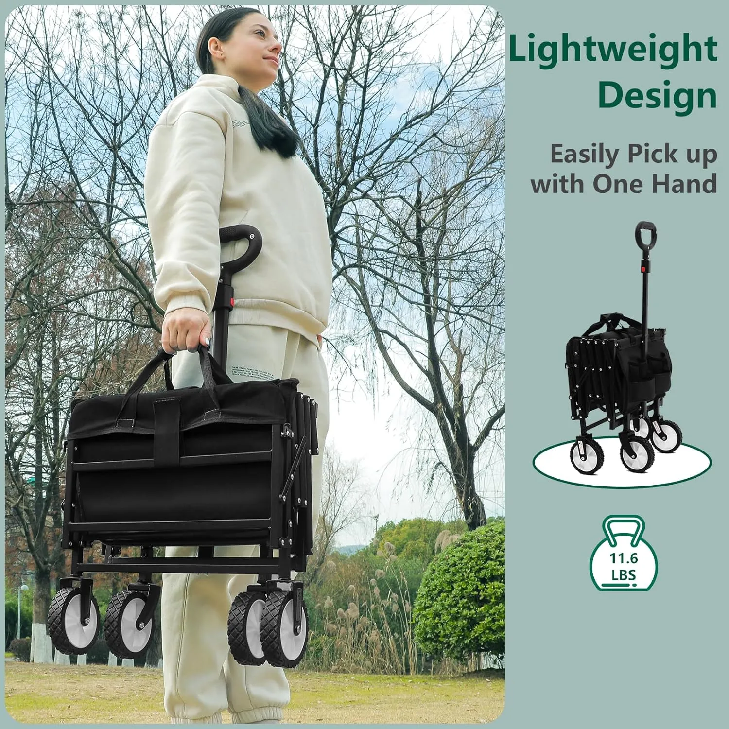 Folding Wagon Cart with Wheels and Tailgate, 330 lbs 120 l Capacity, Adjustable Handle, Portable Collapsible Utility Wagon Cart for Groceries, Outdoor Camping, Shopping, Garden (Black)