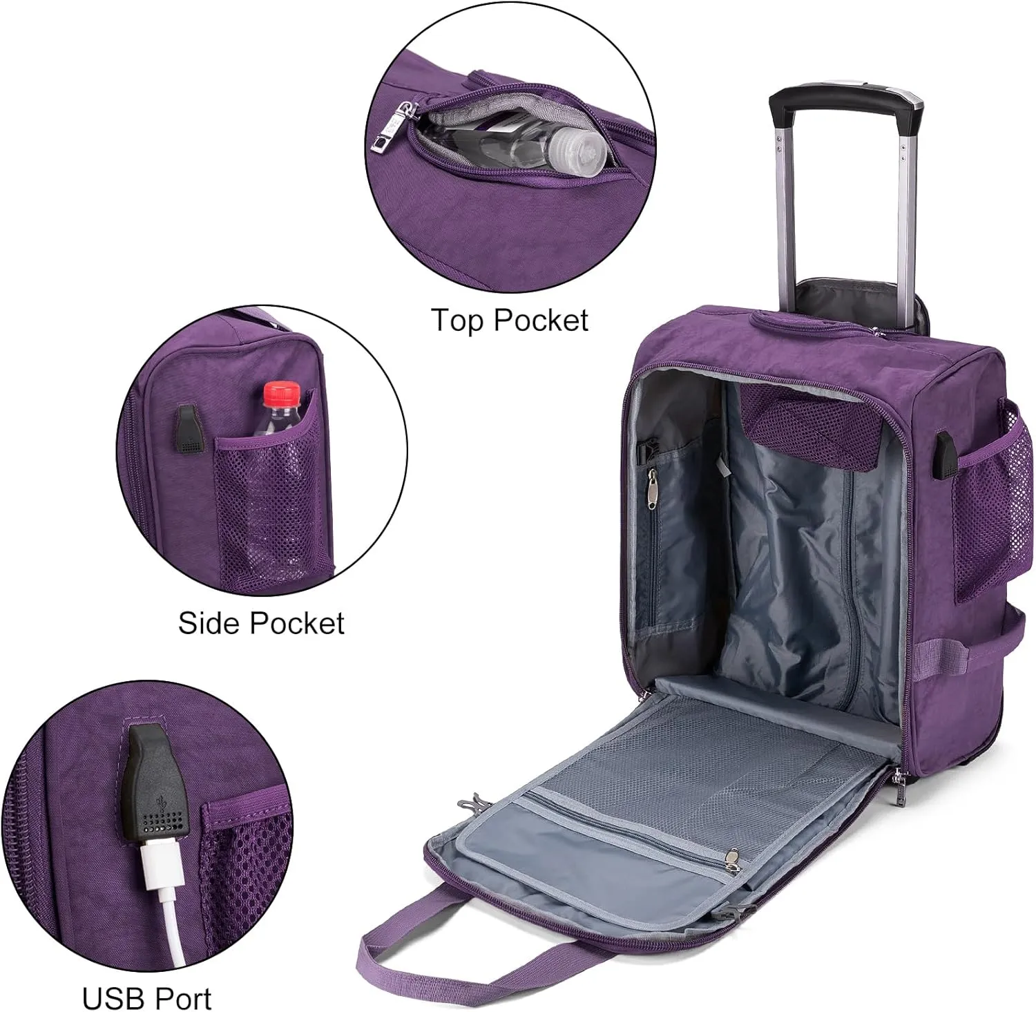 For Spirit Airlines 18x14x8 Inches Personal Item Under Seat Rolling Duffle Bag Luggage Suitable For Major Airlines Including AA and Frontier (Purple)