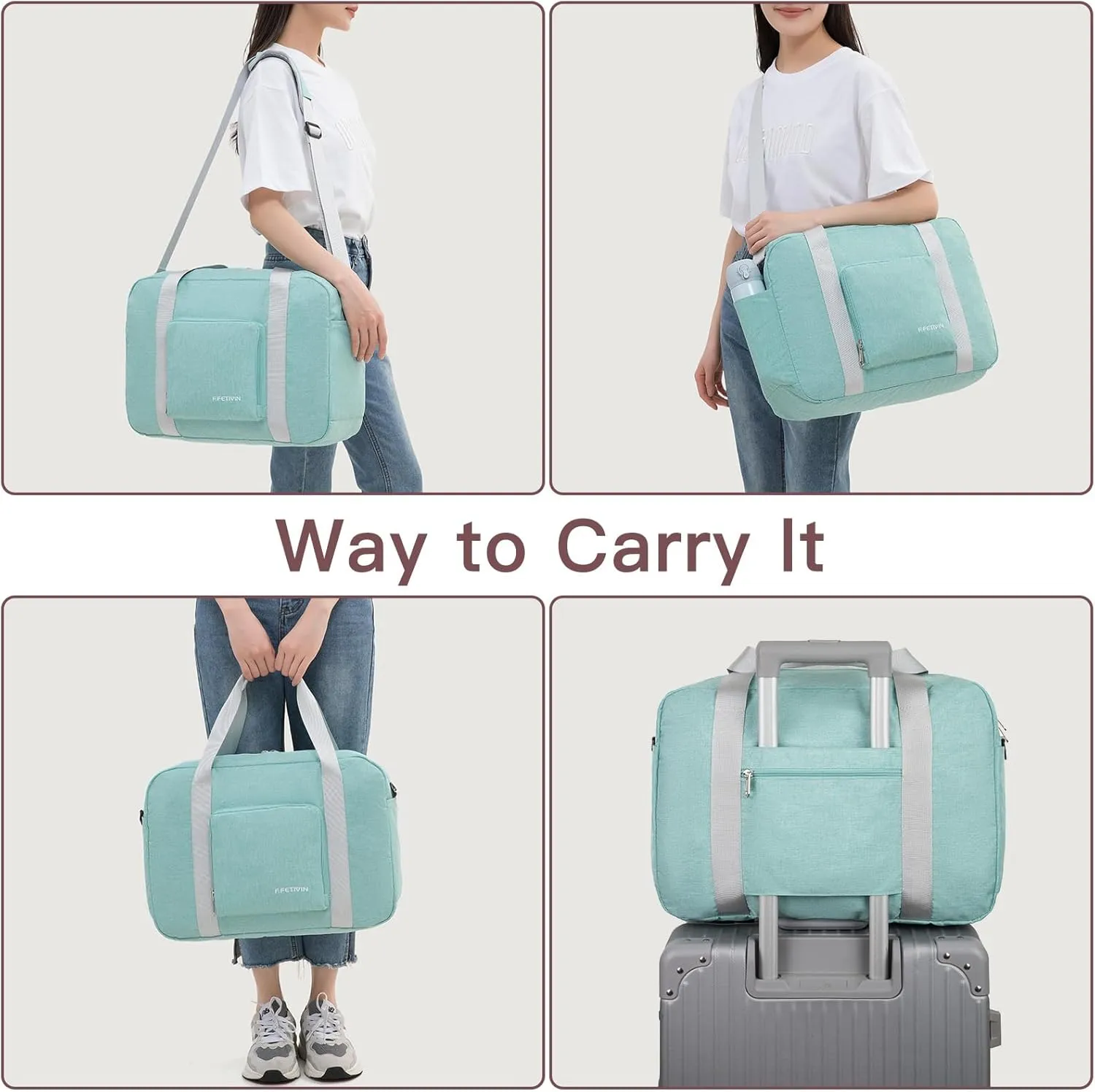 For Spirit Airlines Personal Item Bag 17.7x12.6x6.3 Foldable Travel Duffel Bag Underseat Carry-on Luggage for Women and men 25L(Mint Green)