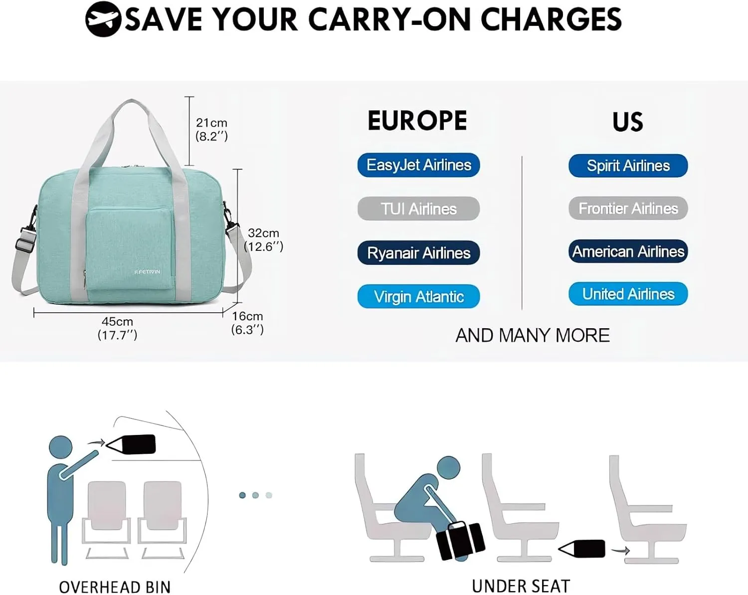For Spirit Airlines Personal Item Bag 17.7x12.6x6.3 Foldable Travel Duffel Bag Underseat Carry-on Luggage for Women and men 25L(Mint Green)