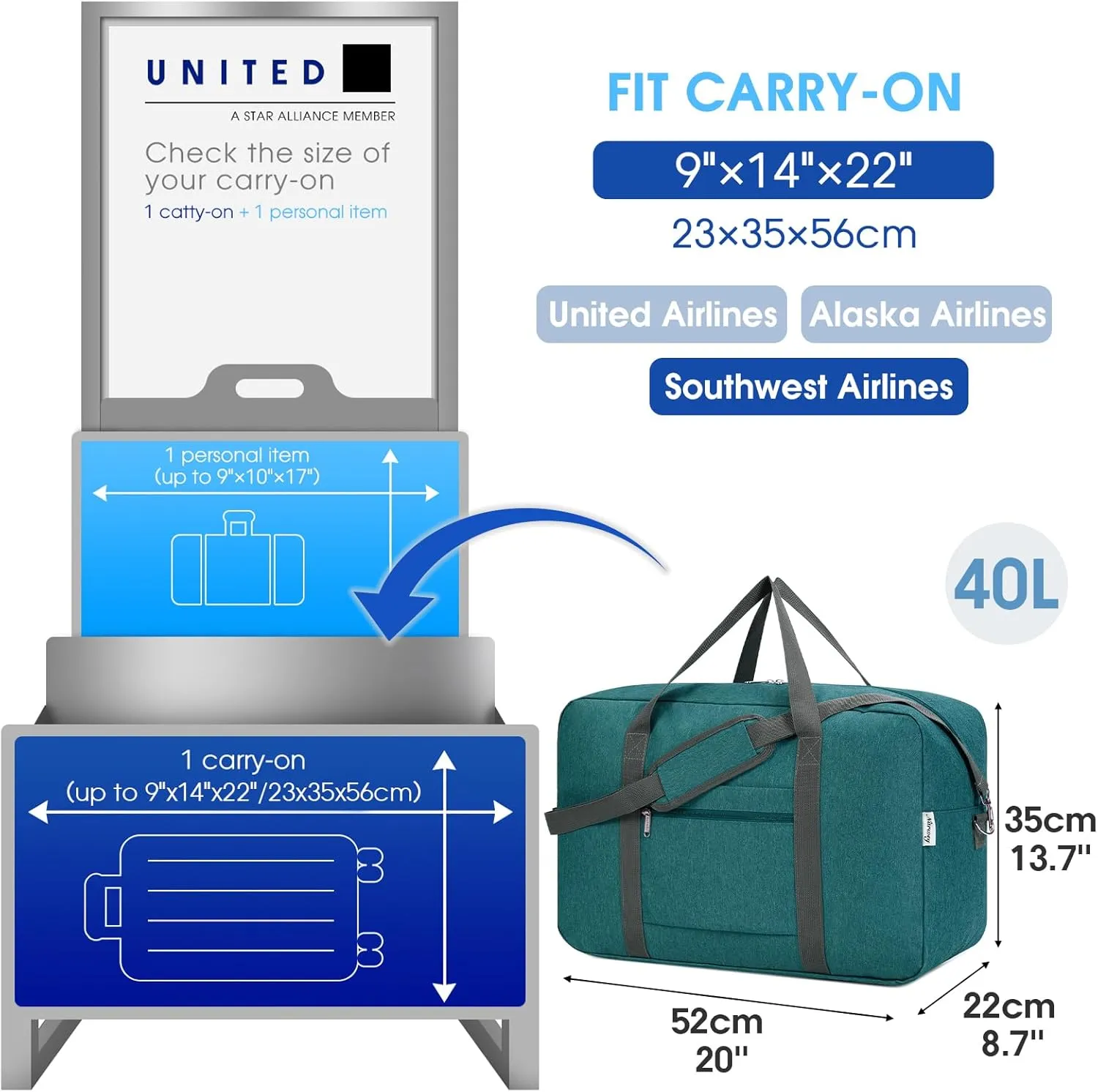 For United Airlines Foldable Carry on Bag 22x14x9 Travel Duffel Bag Packable luggage Duffle for Women and Men 40L (Teal)