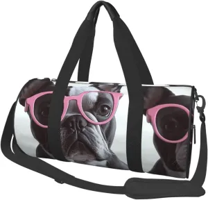 French Bulldog Glasses Travel Duffle Bag Carry On Weekender Overnight Bag Sport Gym Bag for Women Men Foldable Travel Duffle Round Duffle Bag for Travel Sports Gym
