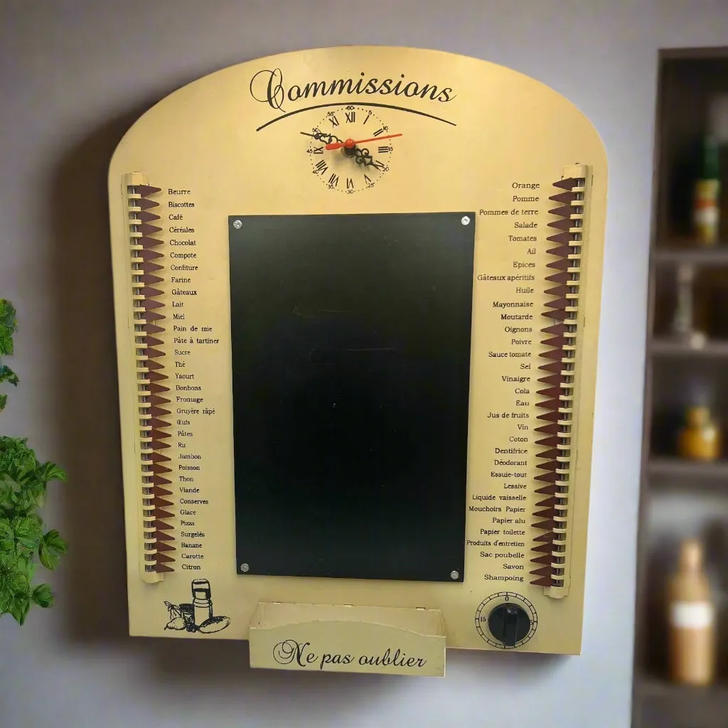French Shopping List Reminder Board, Kitchen Timer & Clock, Wall Hanging (C88)