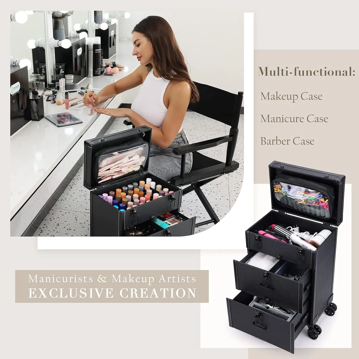 Frenessa Rolling Nail Case - Wheeled Vegan Leather Manicure Storage Organizer for Nail Technicians, Cosmetologists, and Stylists