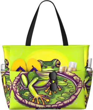Frog in a pond Large capacity beach bag with zipper, perfect for grocery bag pool gym travel shopping foldable beach travel bag,
