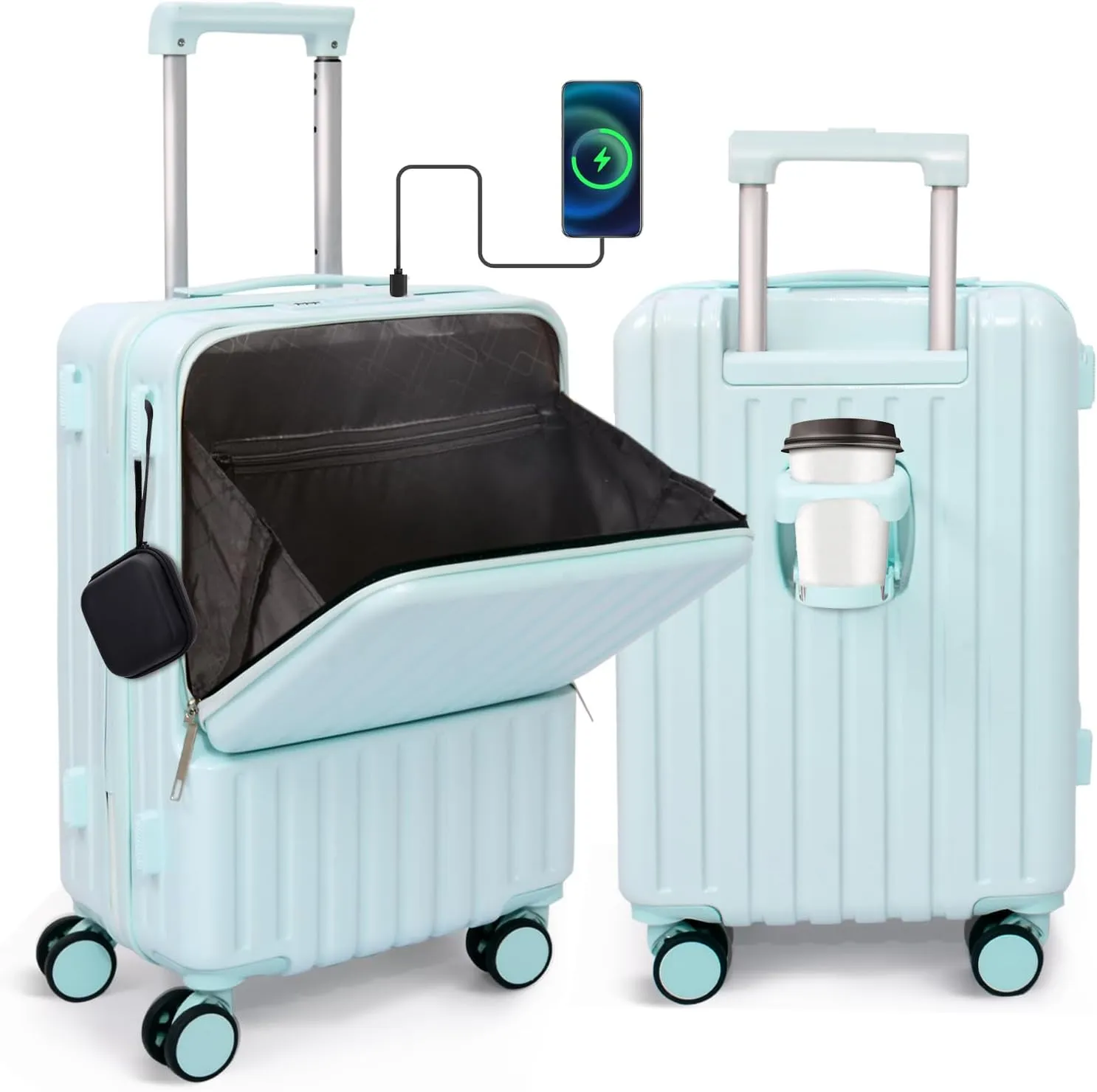 Front Pocket Luggage, Carry-on Luggage with Spinner Wheels, Suitcase with Cup Holder, USB Port (Blue, Carry-On 24-Inch)