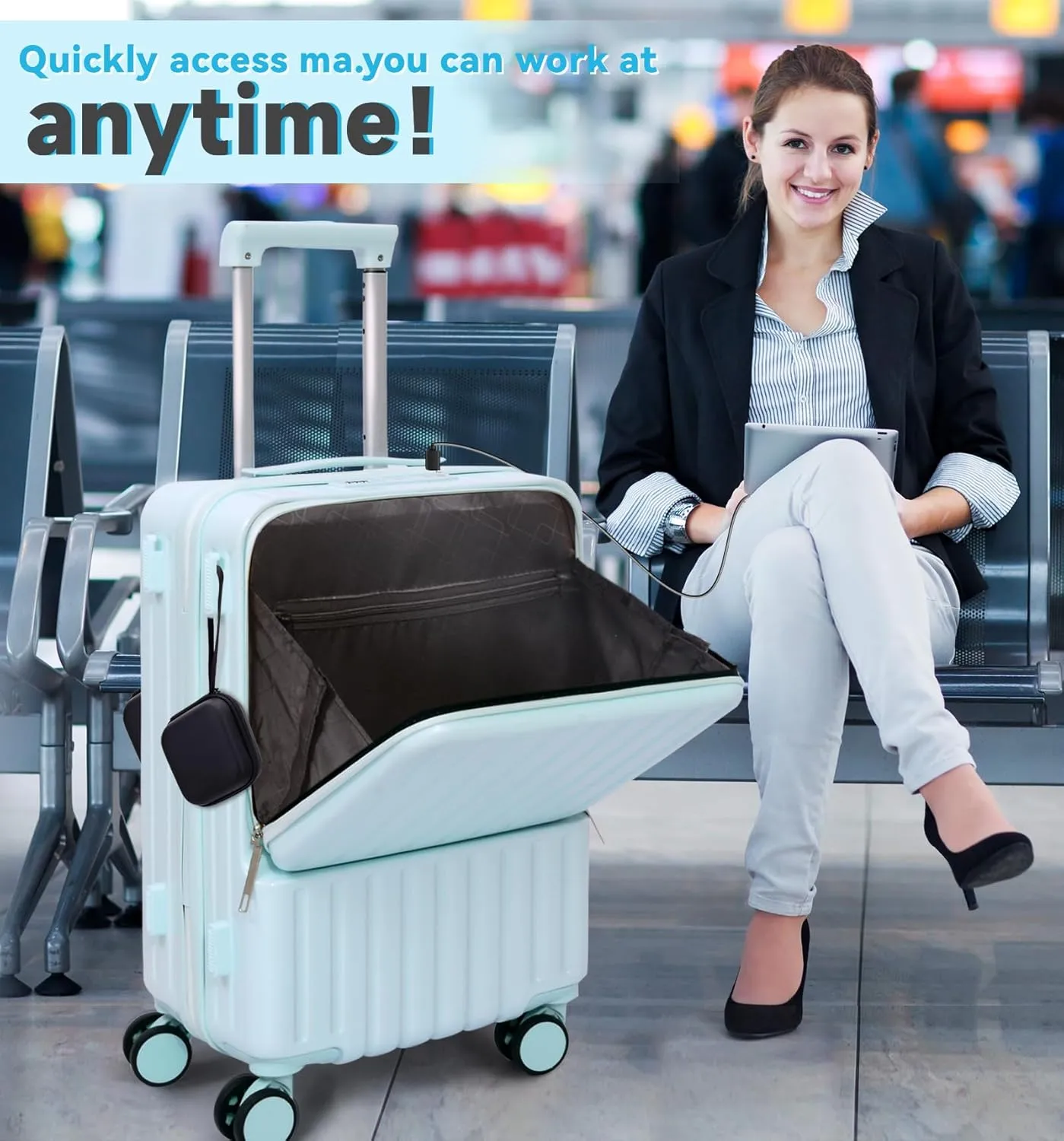 Front Pocket Luggage, Carry-on Luggage with Spinner Wheels, Suitcase with Cup Holder, USB Port (Blue, Carry-On 24-Inch)