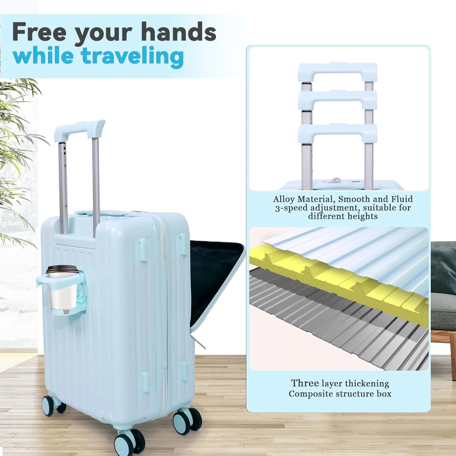 Front Pocket Luggage, Carry-on Luggage with Spinner Wheels, Suitcase with Cup Holder, USB Port (Blue, Carry-On 24-Inch)