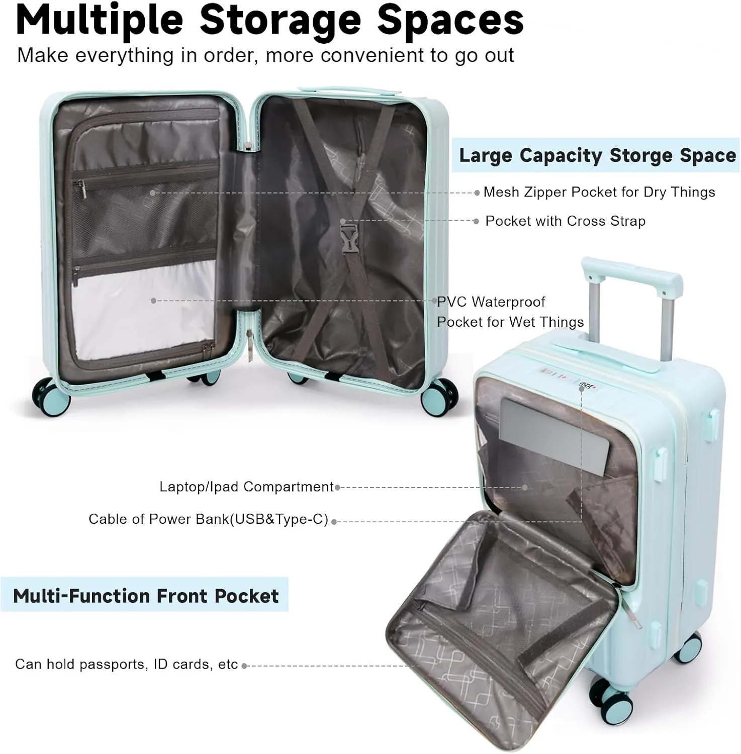 Front Pocket Luggage, Carry-on Luggage with Spinner Wheels, Suitcase with Cup Holder, USB Port (Blue, Carry-On 24-Inch)