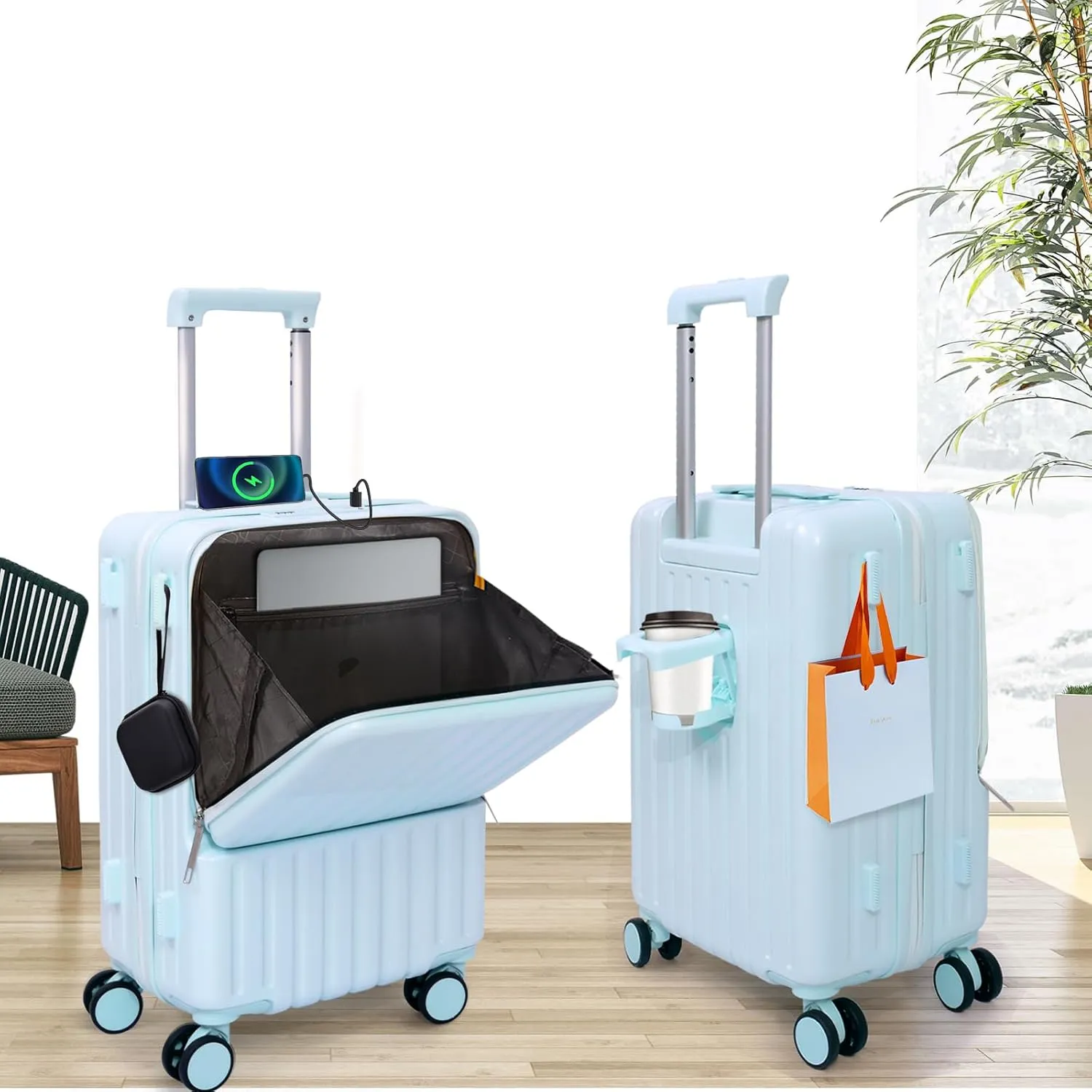 Front Pocket Luggage, Carry-on Luggage with Spinner Wheels, Suitcase with Cup Holder, USB Port (Blue, Carry-On 24-Inch)