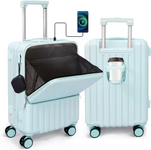 Front Pocket Luggage, Carry-on Luggage with Spinner Wheels, Suitcase with Cup Holder, USB Port (Blue, Carry-On 24-Inch)