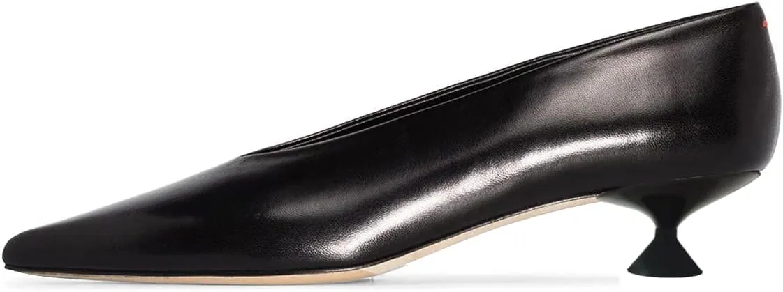 FSJ Women Fashion Pointed Toe V Cut Low Kitten Heel Slip On Pumps Soft Leather Ladies Daily Comfort Basic Dress Shoes Size 4-15 US