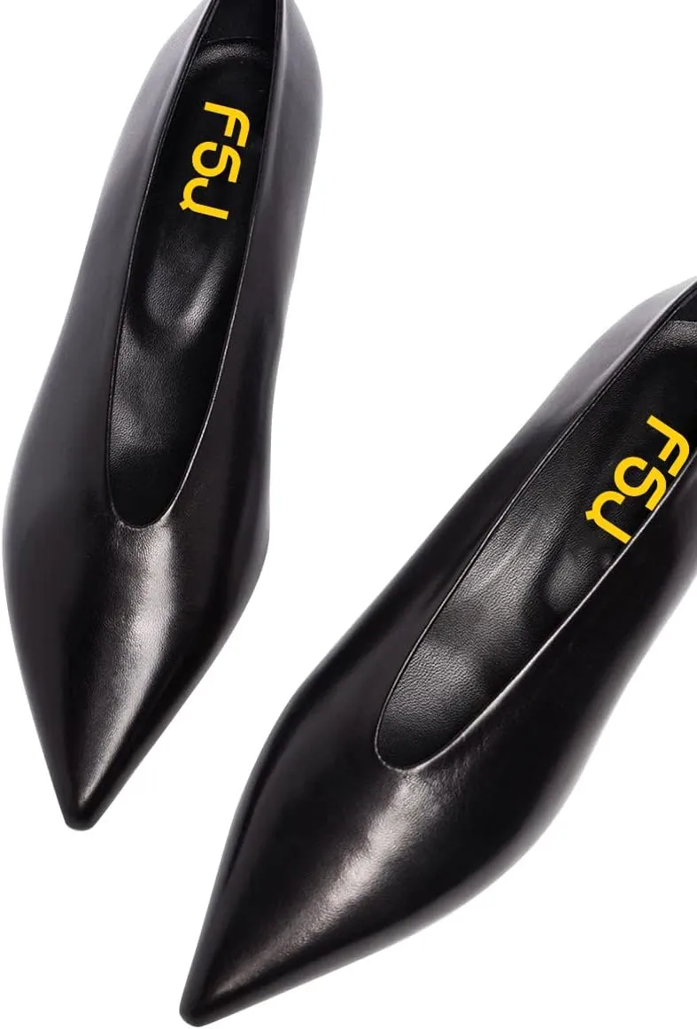 FSJ Women Fashion Pointed Toe V Cut Low Kitten Heel Slip On Pumps Soft Leather Ladies Daily Comfort Basic Dress Shoes Size 4-15 US