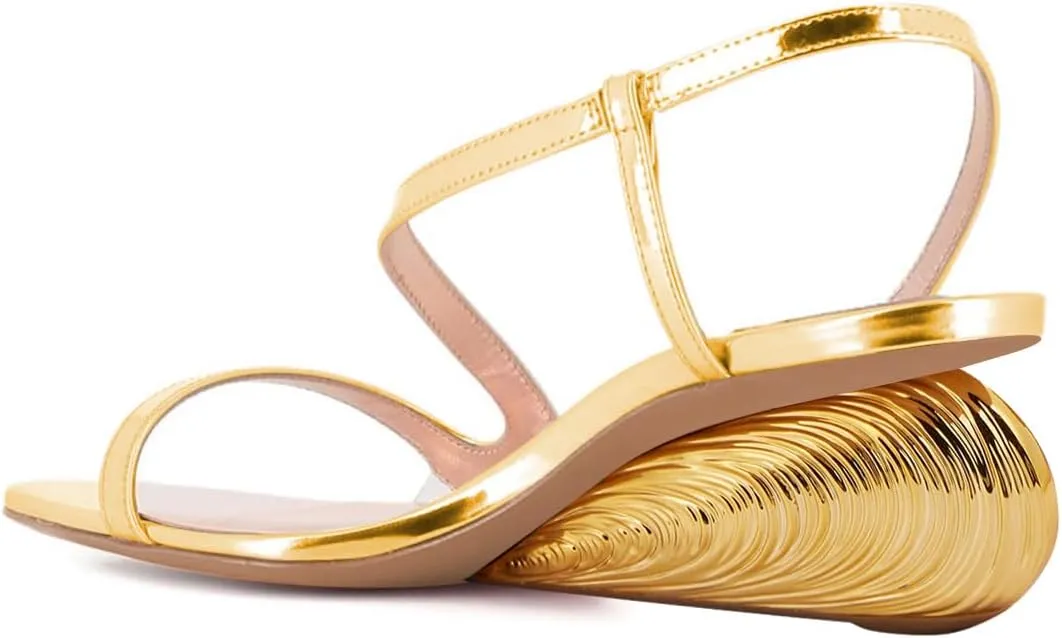 FSJ Women Open Toe Sandals S-shaped Strappy Slip On Metallic Mid Wedge Heels Slingback Pumps Evening Dress Shoes Size 4-16 US