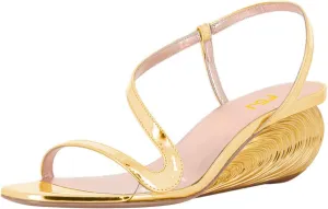 FSJ Women Open Toe Sandals S-shaped Strappy Slip On Metallic Mid Wedge Heels Slingback Pumps Evening Dress Shoes Size 4-16 US