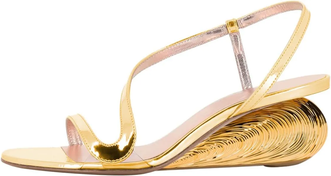FSJ Women Open Toe Sandals S-shaped Strappy Slip On Metallic Mid Wedge Heels Slingback Pumps Evening Dress Shoes Size 4-16 US