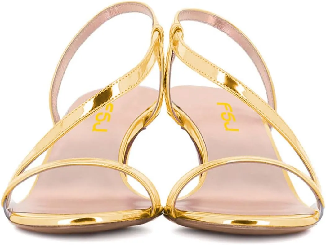 FSJ Women Open Toe Sandals S-shaped Strappy Slip On Metallic Mid Wedge Heels Slingback Pumps Evening Dress Shoes Size 4-16 US