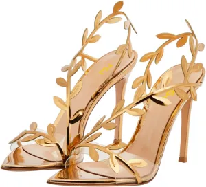 FSJ Women Sexy Pointed Open Toe Slingback Sandals Metallic Leather Leaves Stiletto High Heel Formal Evening Pump Shoes Sizes 4-16 US