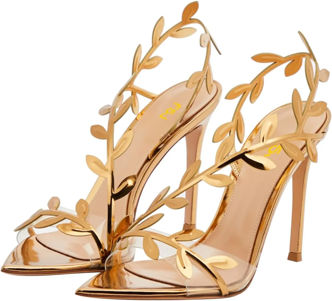 FSJ Women Sexy Pointed Open Toe Slingback Sandals Metallic Leather Leaves Stiletto High Heel Formal Evening Pump Shoes Sizes 4-16 US