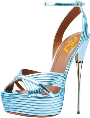 FSJ Women Sexy Strappy Open Toe Platform Sandals Ankle Strap High Stiletto Heel Metallic Dress Party Shoes Size 4-15 US