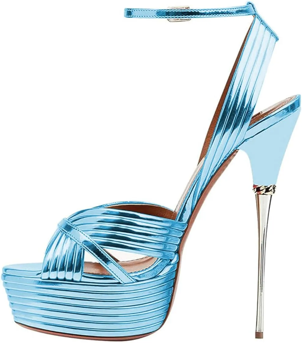 FSJ Women Sexy Strappy Open Toe Platform Sandals Ankle Strap High Stiletto Heel Metallic Dress Party Shoes Size 4-15 US
