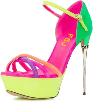 FSJ Women Sexy Strappy Open Toe Platform Sandals Ankle Strap High Stiletto Heel Metallic Dress Party Shoes Size 4-15 US