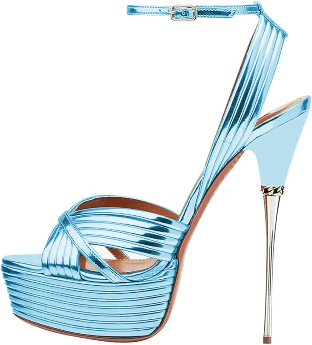 FSJ Women Sexy Strappy Open Toe Platform Sandals Ankle Strap High Stiletto Heel Metallic Dress Party Shoes Size 4-15 US