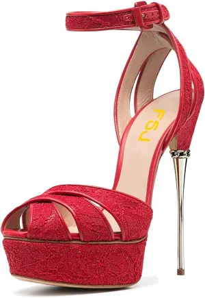 FSJ Women Sexy Strappy Open Toe Platform Sandals Ankle Strap High Stiletto Heel Metallic Dress Party Shoes Size 4-15 US