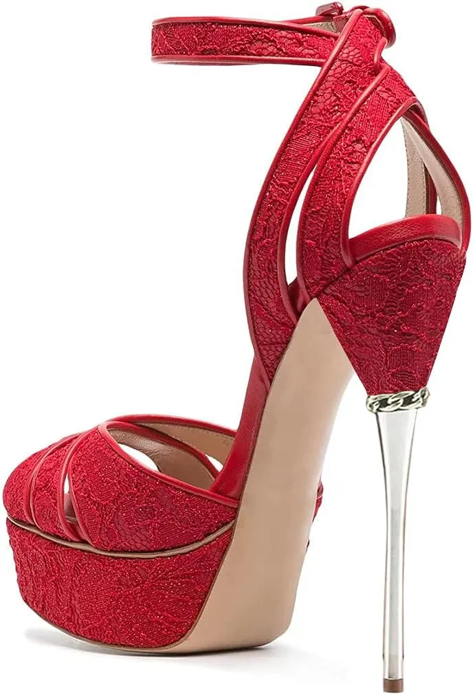 FSJ Women Sexy Strappy Open Toe Platform Sandals Ankle Strap High Stiletto Heel Metallic Dress Party Shoes Size 4-15 US