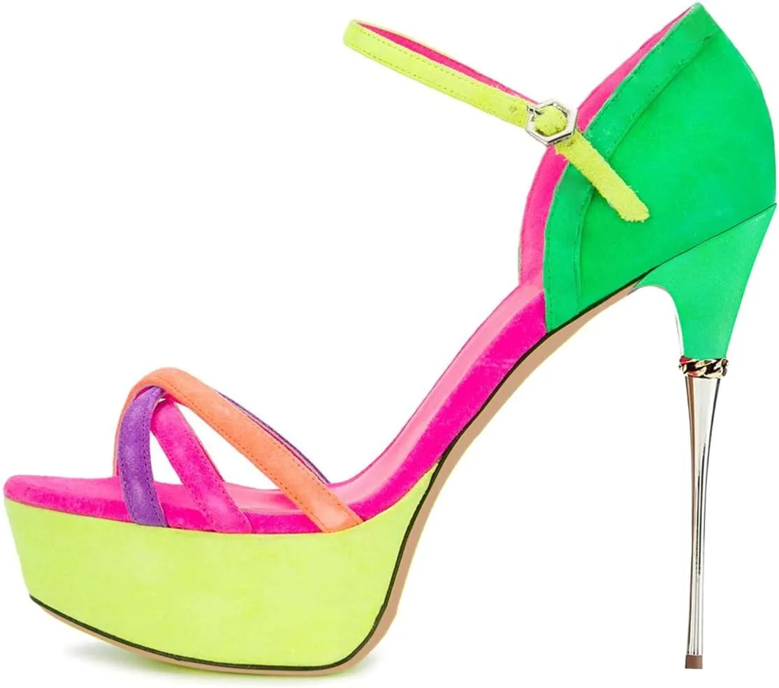 FSJ Women Sexy Strappy Open Toe Platform Sandals Ankle Strap High Stiletto Heel Metallic Dress Party Shoes Size 4-15 US
