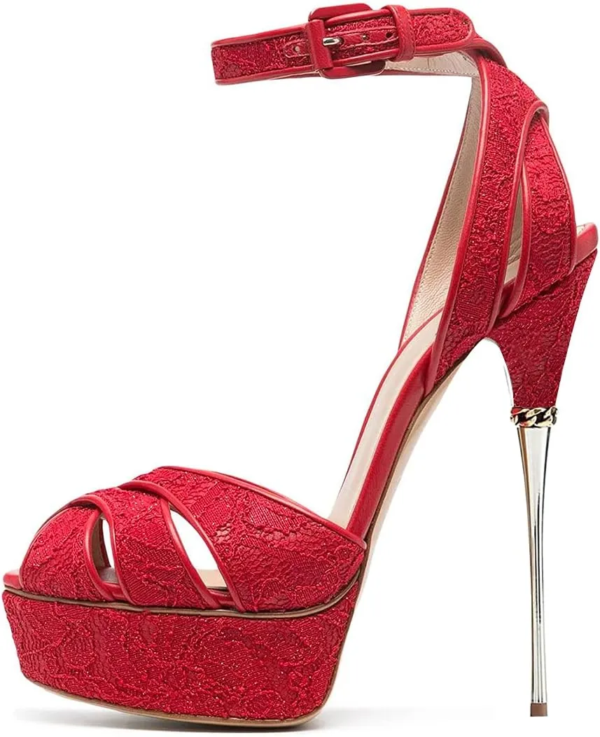 FSJ Women Sexy Strappy Open Toe Platform Sandals Ankle Strap High Stiletto Heel Metallic Dress Party Shoes Size 4-15 US