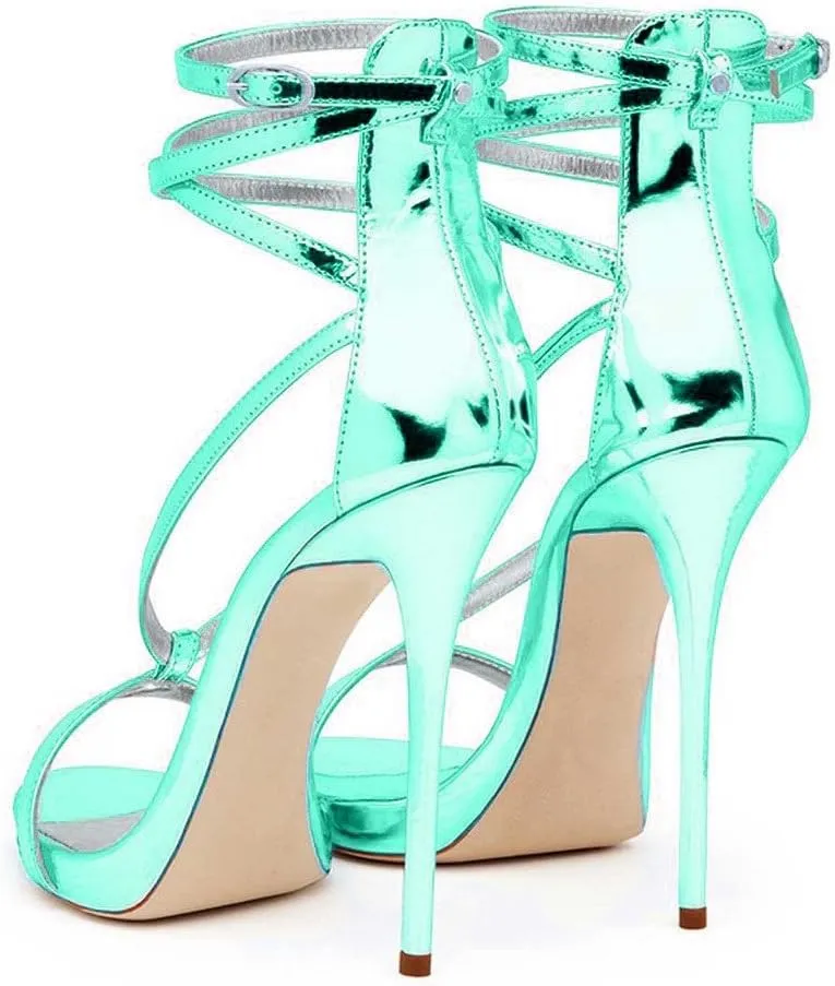 FSJ Women Sexy Strappy Sandals for Women Open Toe Metallic High Heels Pumps Wedding Party Summer Shoes 4-15 US